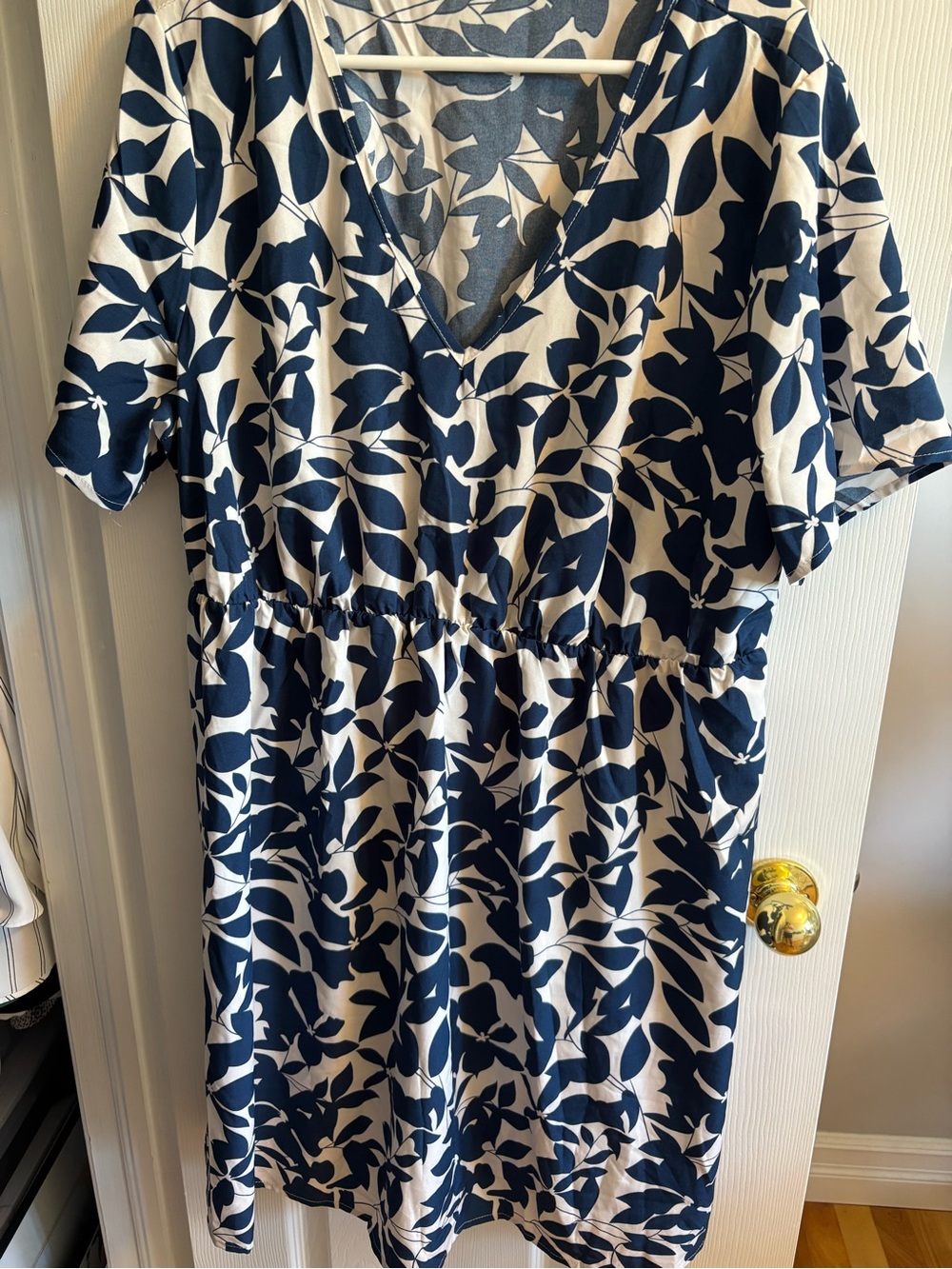 Women's Navy and White Floral V-Neck Dress